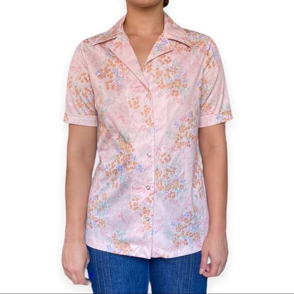 Vintage 70s Floral Print Button Down Blouse - Picture 2 of 8